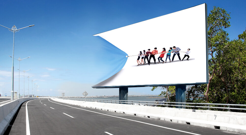 Striking display of innovative and artistically designed creative billboards in a dense urban landscape.