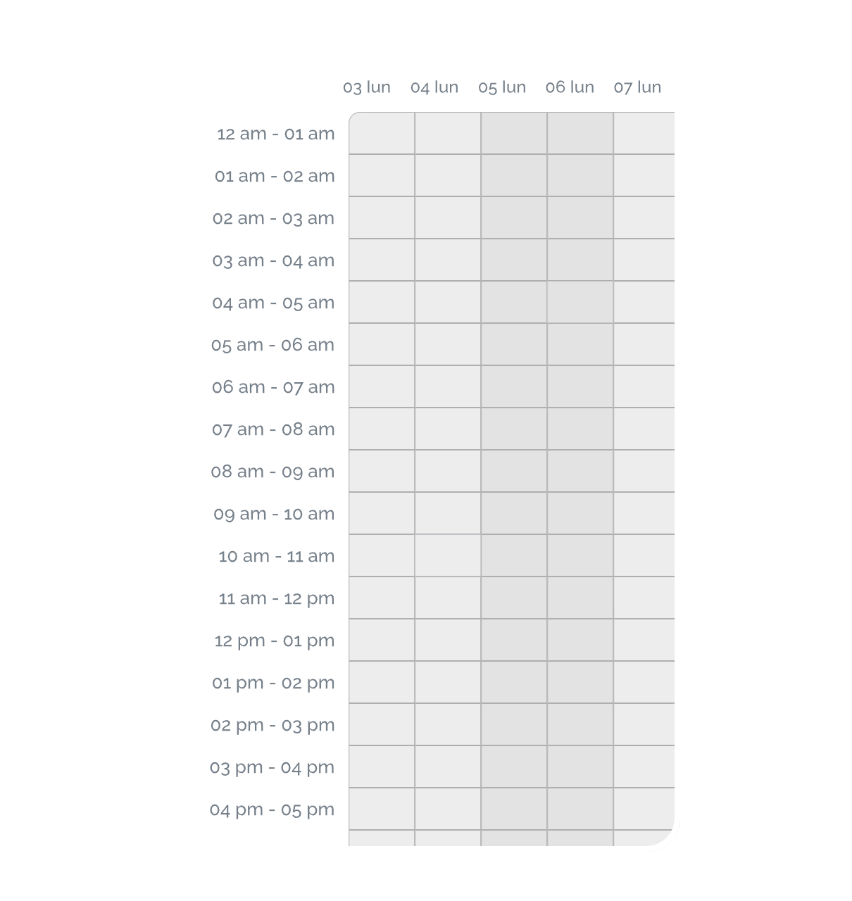 Blank weekly schedule template with time slots from 12 am to 5 pm and days labeled from the 3rd to the 7th.