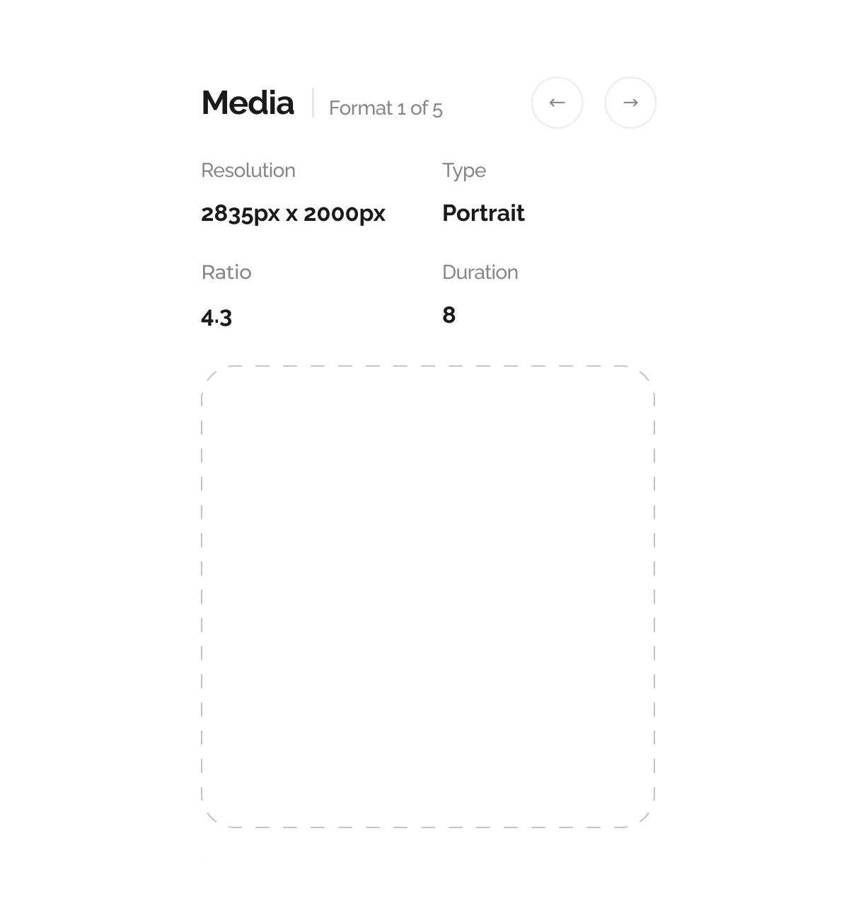 Interface displaying media details, including resolution 2835px x 2000px, portrait type, ratio 4:3, and duration of 8 seconds.