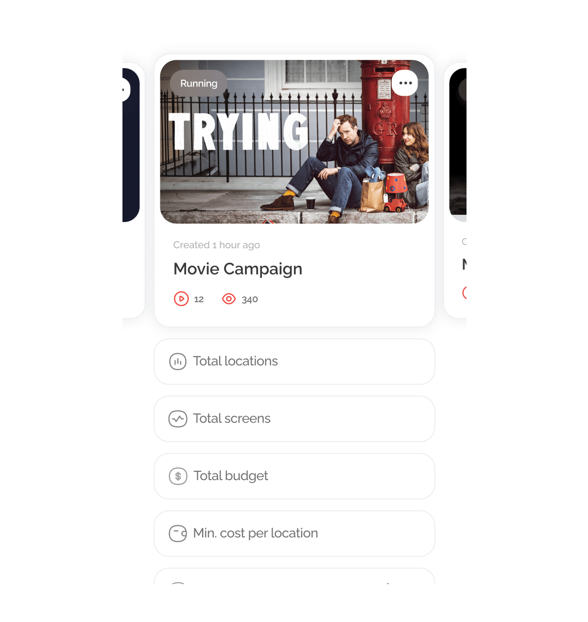 Movie campaign dashboard displaying the campaign title 'Trying,' status as running, and metrics like views and locations.