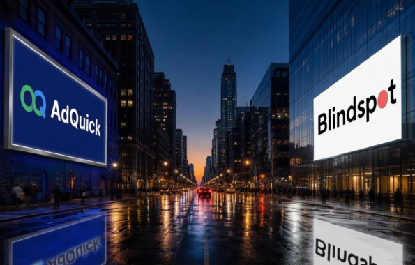 Blindspot vs Adquick Symmetrical blue hour street scene in a dense downtown corridor with two oversized billboards facing each other across a wet avenue. The left billboard glows deep blue and displays "AdQuick" while the right billboard glows white and displays "Blindspot," with their colors reflecting down the center of the rain slick street between glass and brick buildings.