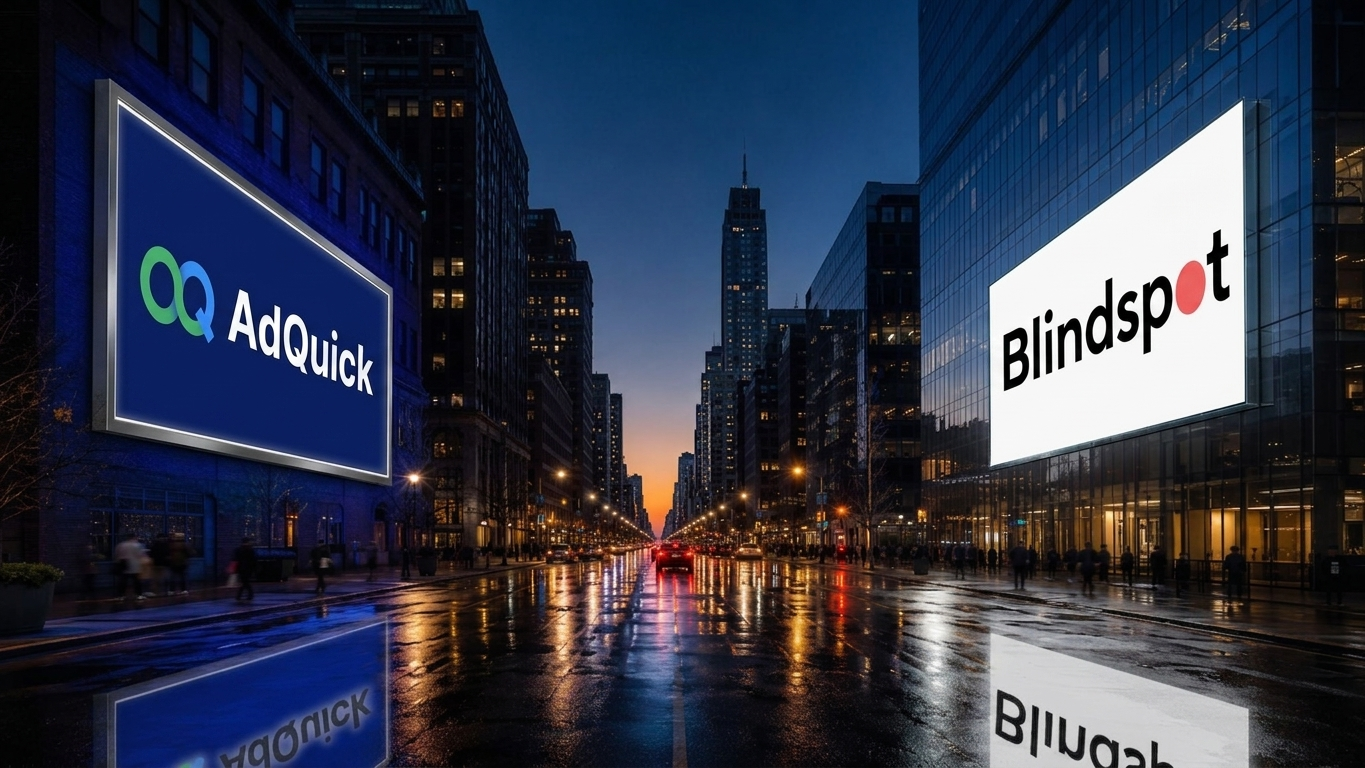Symmetrical blue hour street scene in a dense downtown corridor with two oversized billboards facing each other across a wet avenue. The left billboard glows deep blue and displays "AdQuick" while the right billboard glows white and displays "Blindspot," with their colors reflecting down the center of the rain slick street between glass and brick buildings.