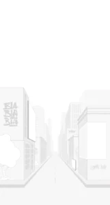 Minimalist grayscale illustration of an empty city street with tall buildings and graffiti on walls