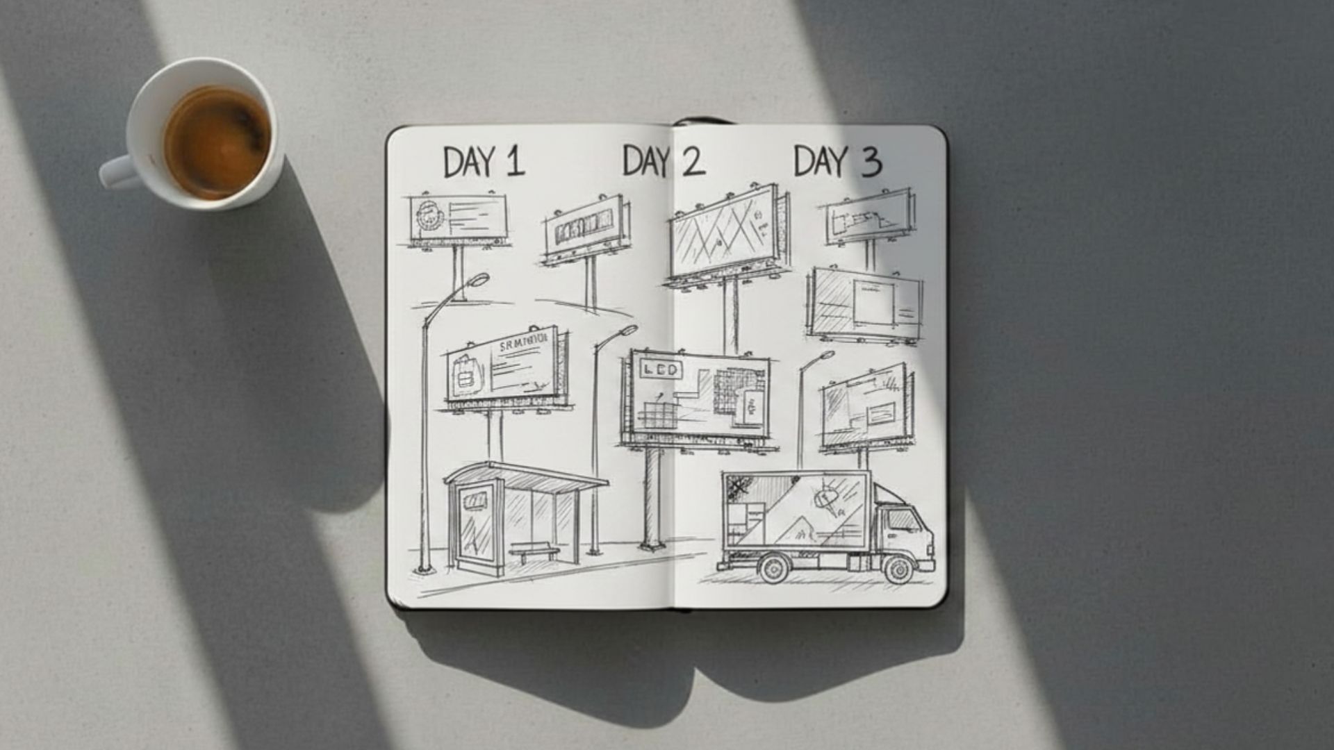 Open sketchbook on a sunlit desk beside an espresso cup, showing hand-drawn pen illustrations of various DOOH formats organized under Day 1, Day 2, and Day 3 headings — including roadside billboards, bus shelters, LED screens, urban panels, and a mobile LED truck — visualizing a 3-day blueprint for rapid digital out-of-home campaign execution from planning to multi-format activation.