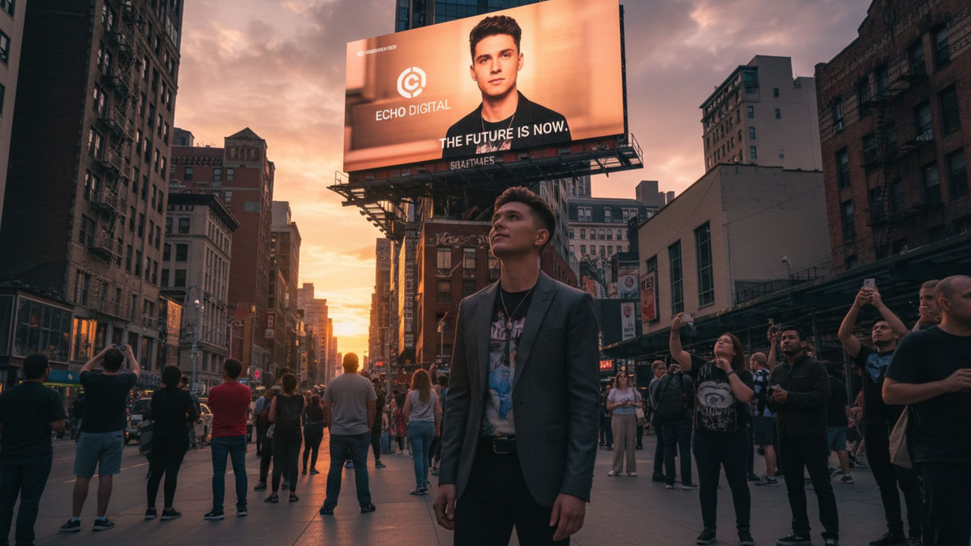 Large-format urban digital billboard at sunset displaying Echo Digital "The Future Is Now" creator personal brand creative to a crowd-filled New York street.