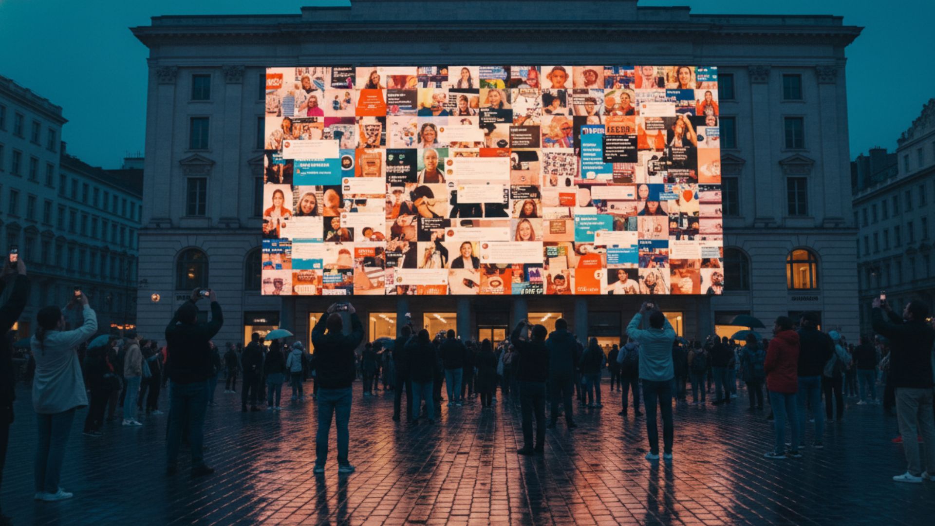 Massive building-facade digital spectacular on a European civic square at dusk displaying a social media content collage creative to a crowd photographing the screen.