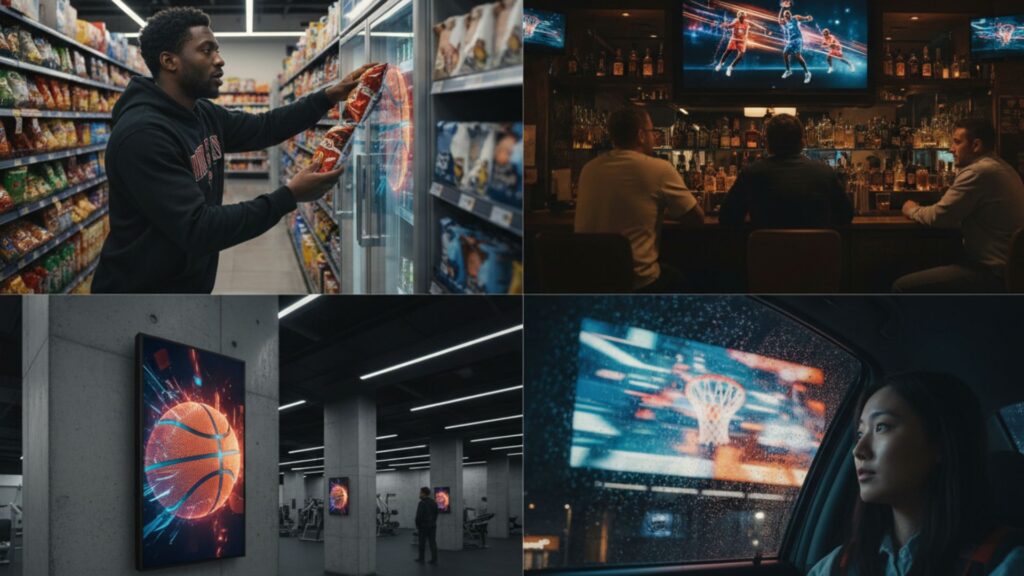 Collage of basketball fans engaging with digital screens in a store, bar, gym, and car.
