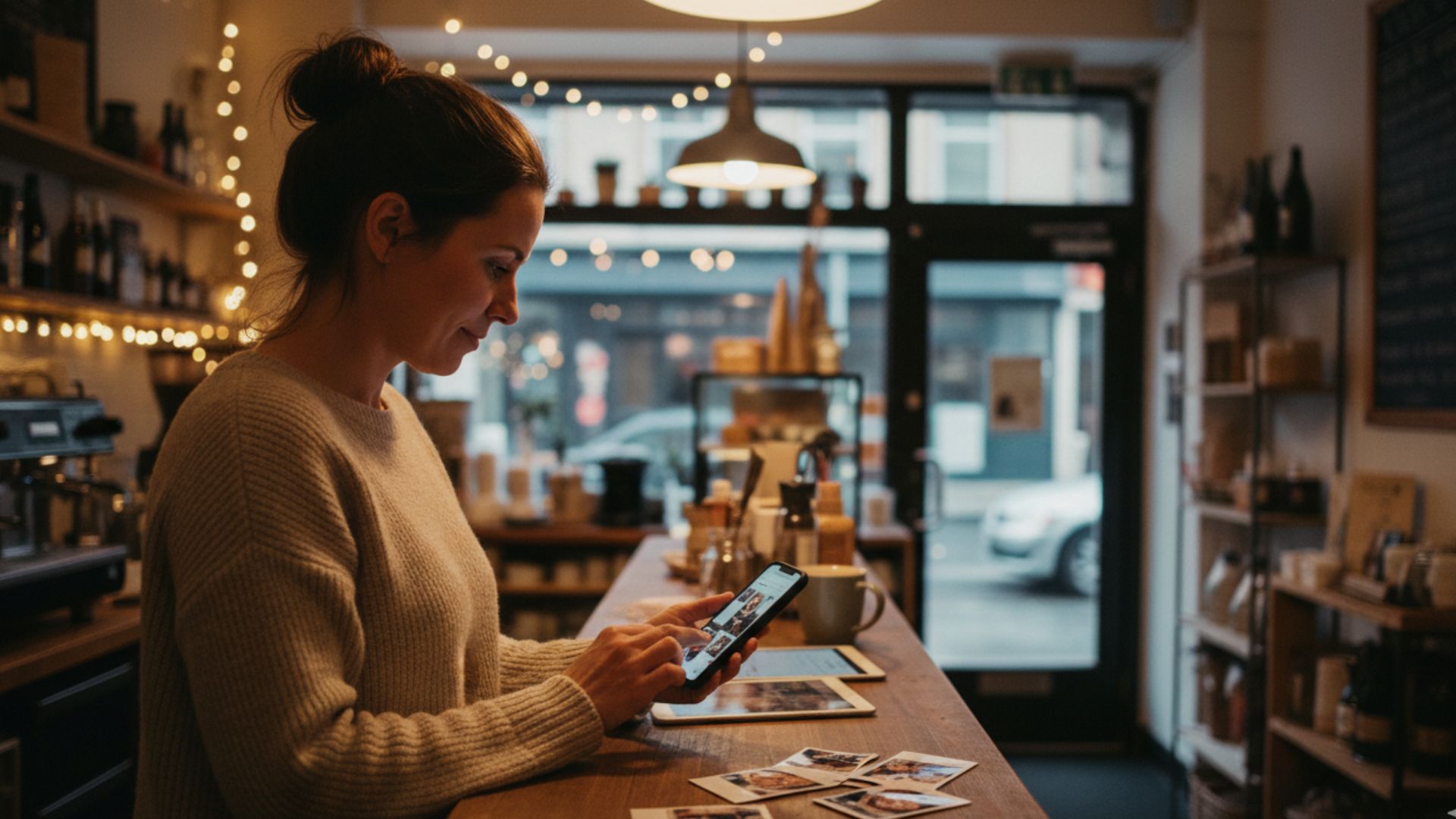 Woman in a cream sweater stands at a wooden counter inside a cozy cafe, looking at her smartphone while printed photos and a tablet lie on the counter in front of her. Warm string lights, hanging lamps, shelves with bottles, and a front window create a soft inviting atmosphere around the coffee shop interior.