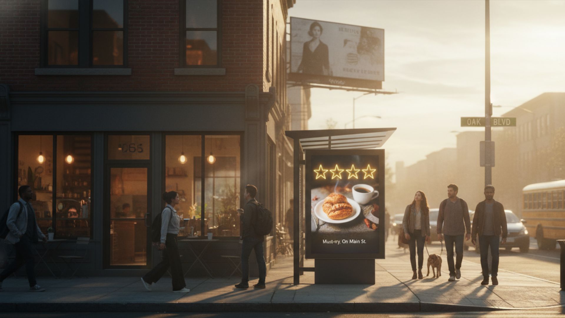 Bus shelter digital billboard on a city sidewalk at sunset shows a food ad with four glowing stars above a croissant and a cup of coffee. The screen reads "Must-try. On Main St." while pedestrians walk past a corner cafe, cars move along the street, and an "OAK BLVD" sign is visible nearby.