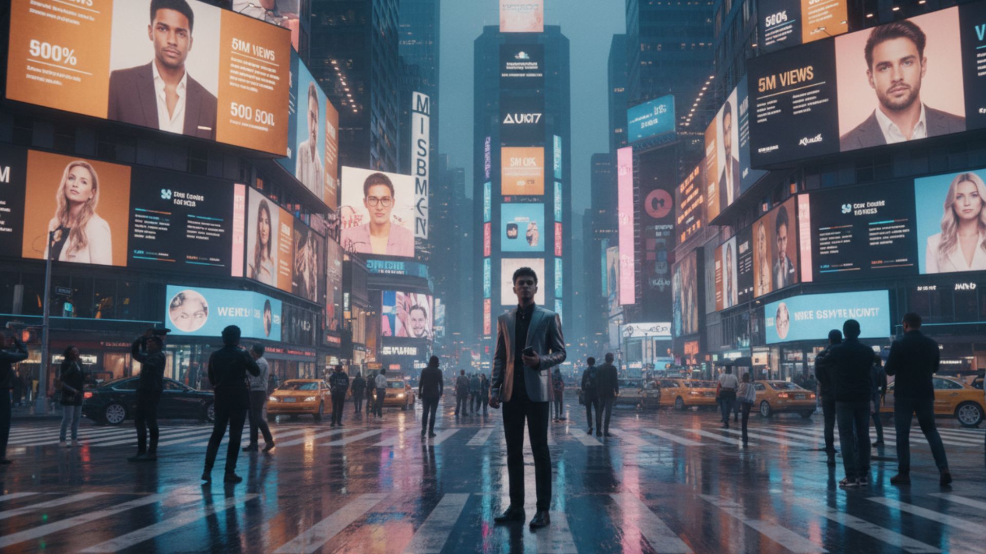 Cinematic Times Square-style digital spectacular canyon at night displaying multiple creator personal brand billboards with "5M Views" and "500%" metrics to a rainy street crowd.