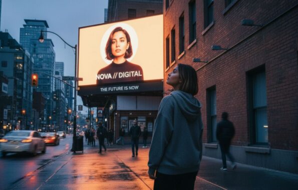 Large rooftop digital billboard on a rainy urban street at dusk displaying Nova Digital "The Future Is Now" creator personal brand creative with a pedestrian looking up at the screen.