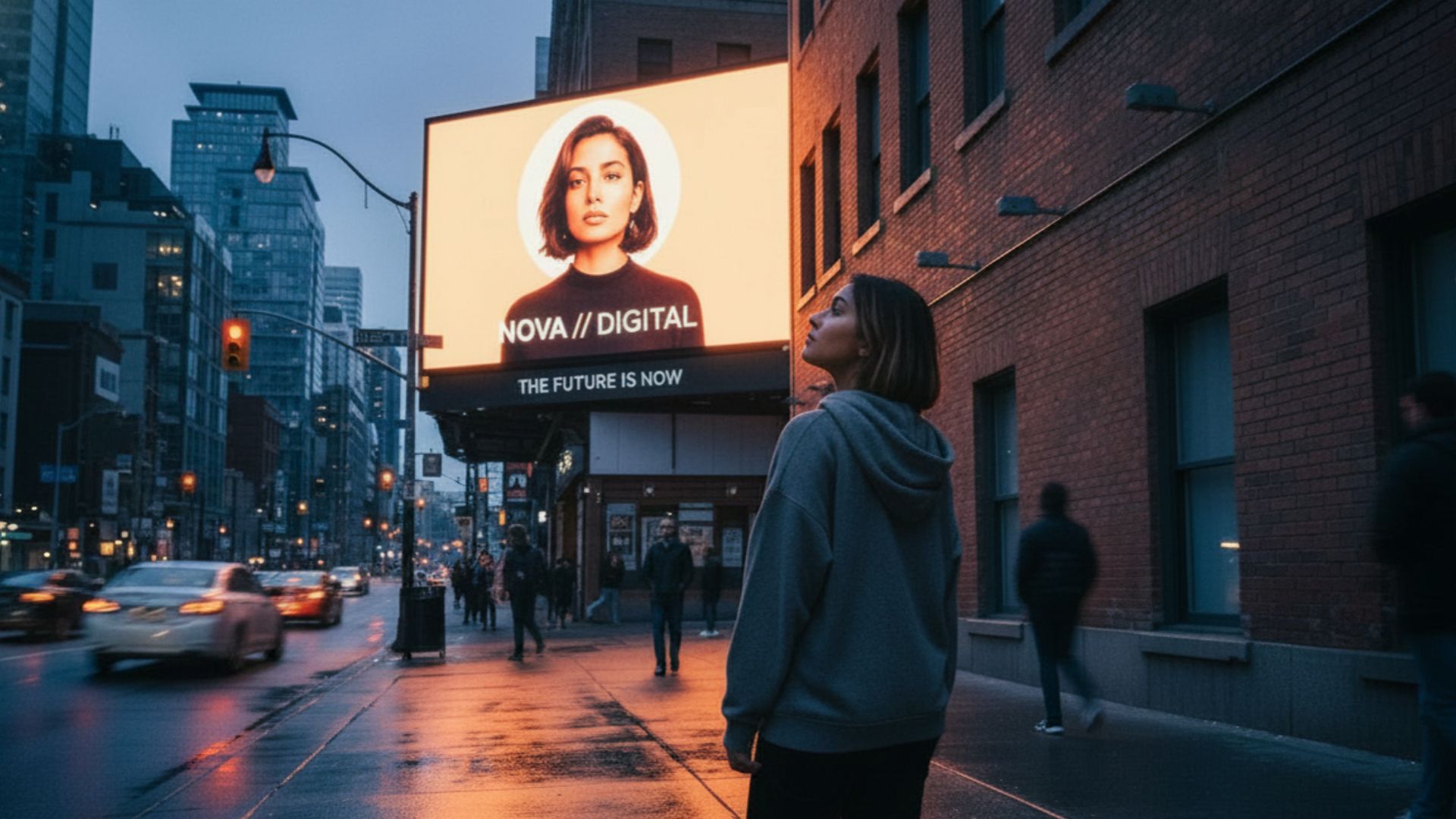 Large rooftop digital billboard on a rainy urban street at dusk displaying Nova Digital "The Future Is Now" creator personal brand creative with a pedestrian looking up at the screen.