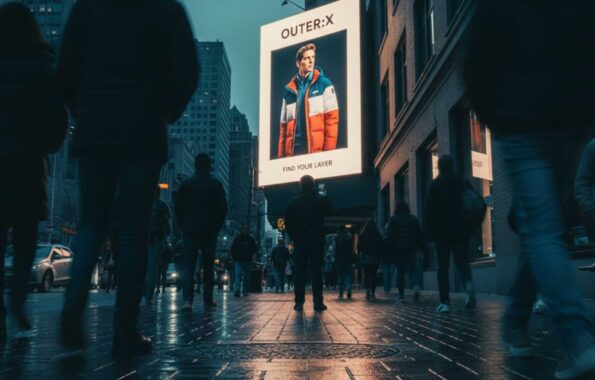 Why Foot Traffic is the New North Star for OOH Illuminated DOOH billboard displaying an outerwear campaign with the tagline 'Find Your Layer' above a crowded urban sidewalk at dusk, with motion-blurred pedestrians in winter clothing walking through wet city streets — a weather-triggered, high-footfall digital out-of-home placement ideal for seasonal fashion activations.