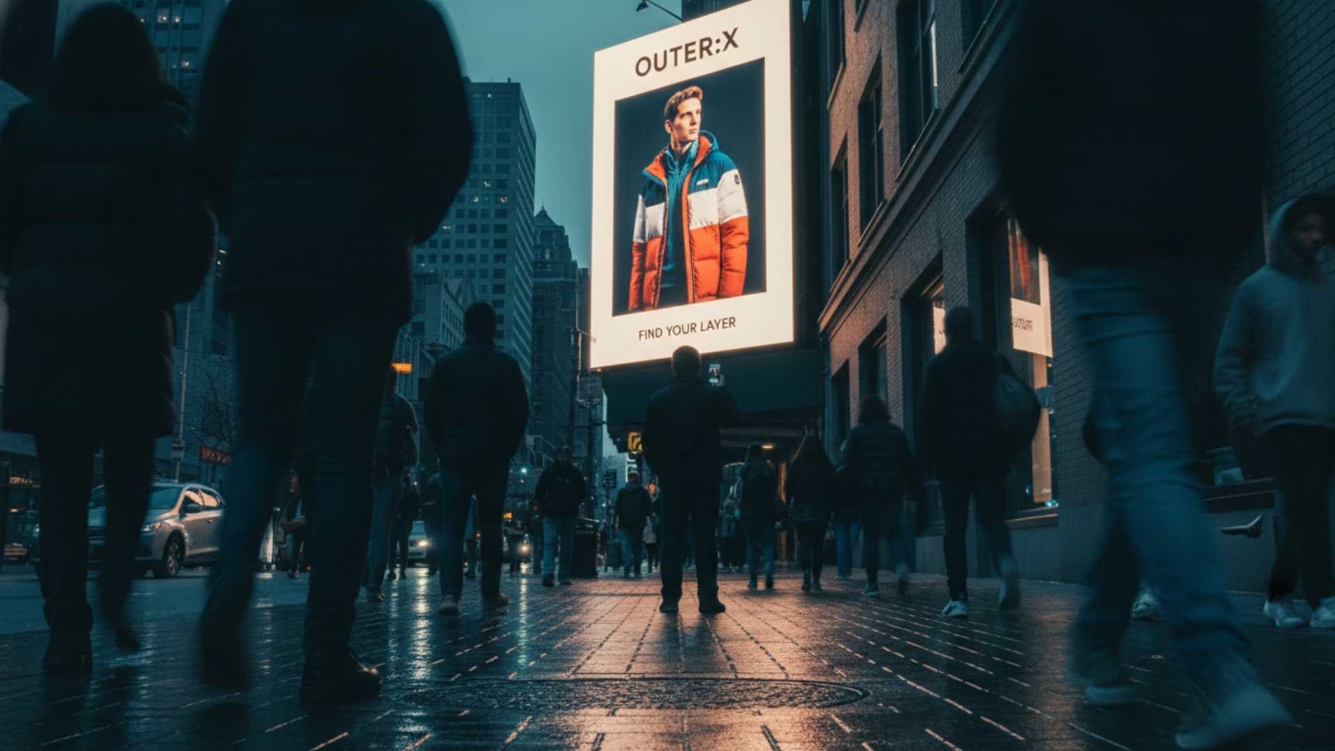Illuminated DOOH billboard displaying an outerwear campaign with the tagline 'Find Your Layer' above a crowded urban sidewalk at dusk, with motion-blurred pedestrians in winter clothing walking through wet city streets — a weather-triggered, high-footfall digital out-of-home placement ideal for seasonal fashion activations.