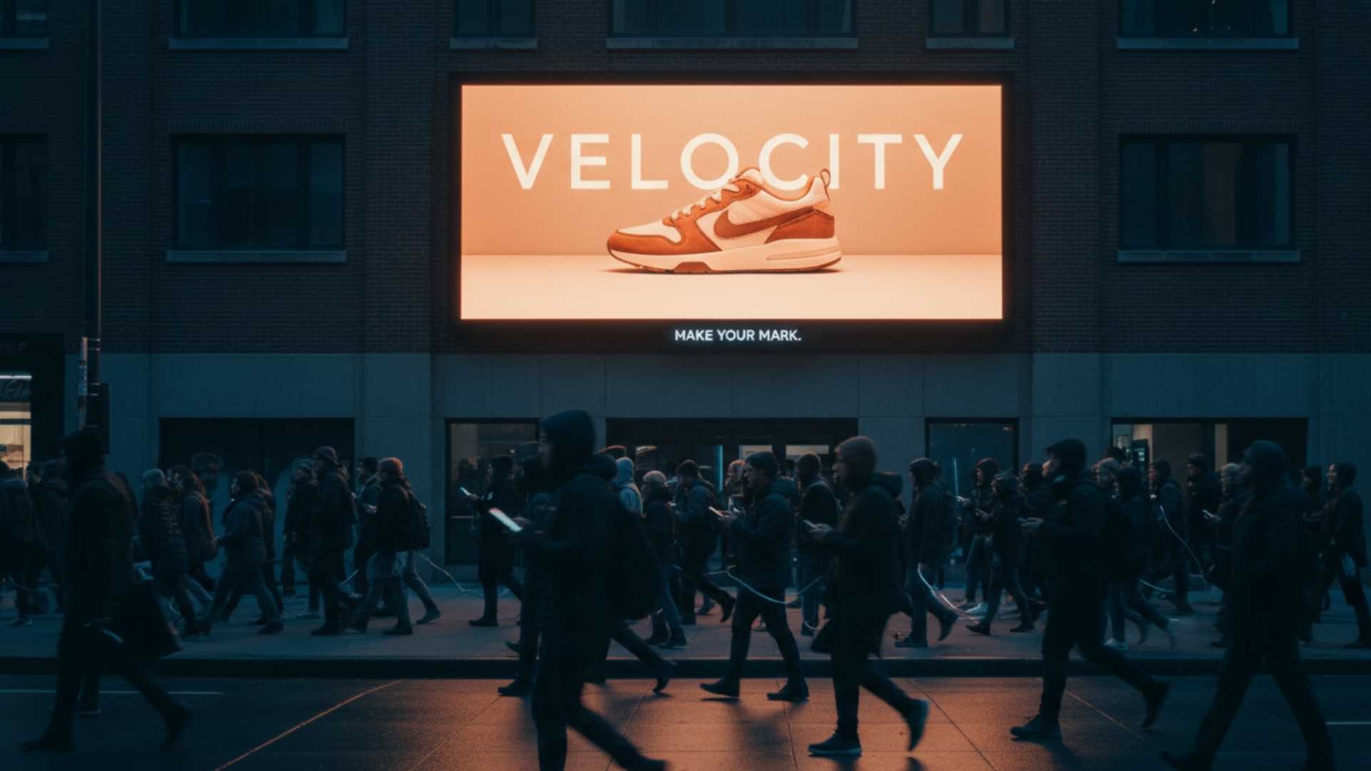 Large-format digital billboard showcasing a sneaker campaign with the tagline 'Make Your Mark' mounted on a building facade above a dense stream of evening commuters on a city sidewalk — a premium DOOH placement capturing peak foot traffic during rush hour for footwear and lifestyle brand activations.