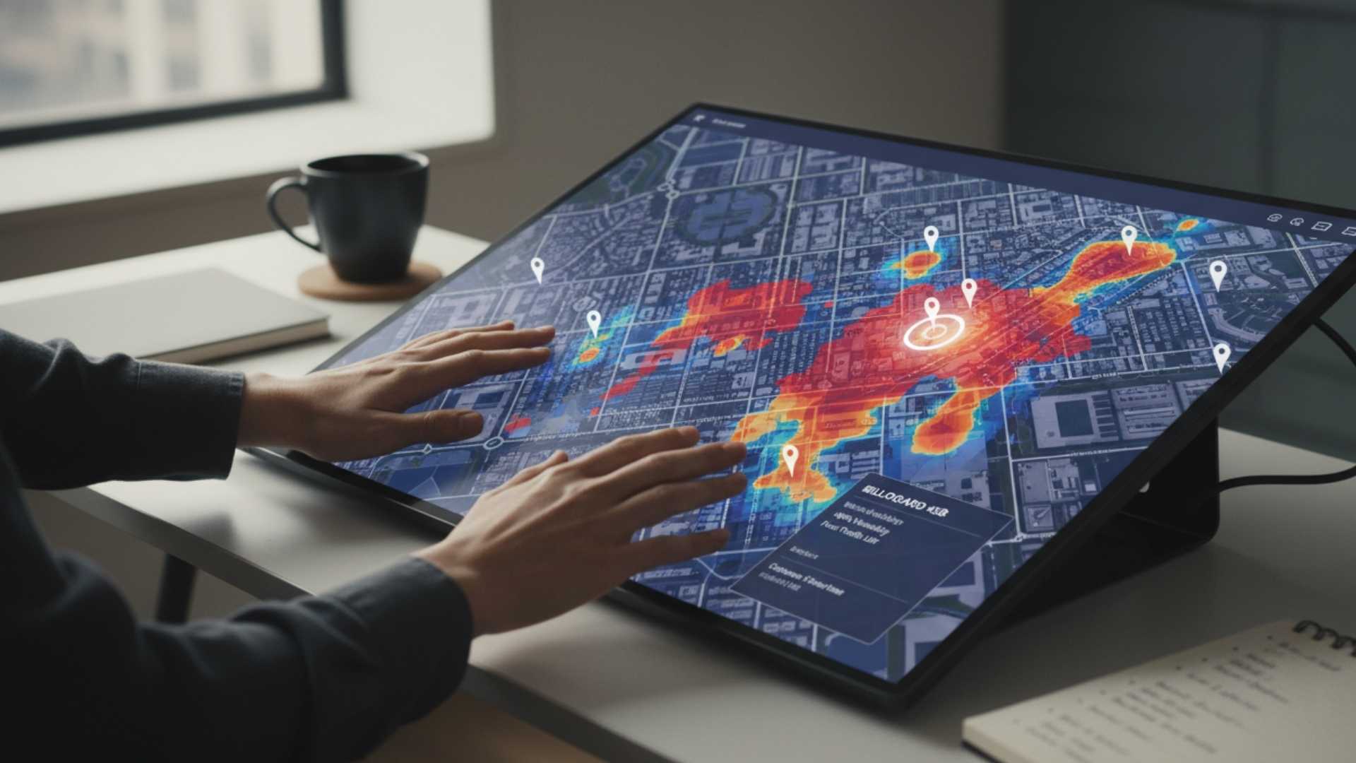 Media planner interacting with a touchscreen display showing a DOOH campaign heatmap with billboard location pins, foot-traffic density overlays, and screen performance data — illustrating map-based planning, POI targeting, and real-time analytics capabilities for digital out-of-home campaign optimization.