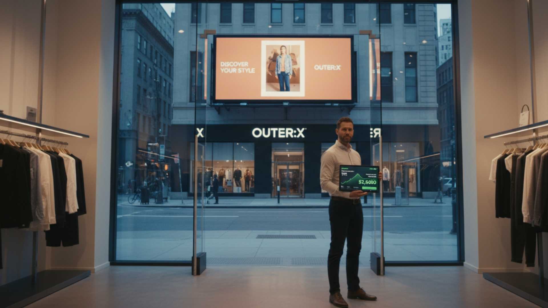 Retail store manager standing inside a fashion boutique holding a tablet displaying a $2,500+ revenue performance dashboard, with a DOOH screen visible through the storefront glass running a 'Discover Your Style' campaign — demonstrating the direct link between digital billboard advertising and measurable in-store sales attribution.
