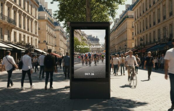 Portrait-format digital DOOH street kiosk displaying a 'Cycling Classic Oct. 26' event promotion on a sunlit Parisian boulevard lined with Haussmann-style buildings, bustling with pedestrians, a cyclist, and café terraces — a premium European urban panel placement leveraging high foot traffic and event-triggered creative to reach sports and lifestyle audiences in a landmark location.