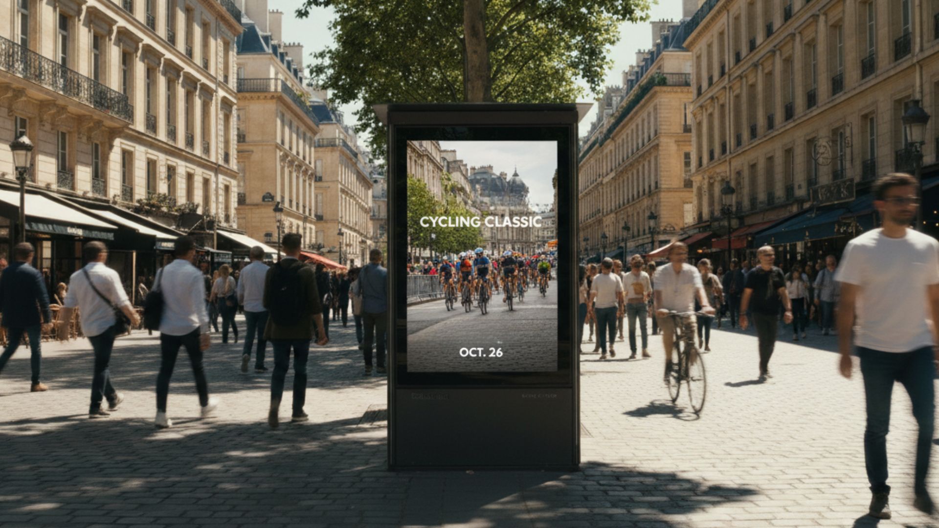 Portrait-format digital DOOH street kiosk displaying a 'Cycling Classic Oct. 26' event promotion on a sunlit Parisian boulevard lined with Haussmann-style buildings, bustling with pedestrians, a cyclist, and café terraces — a premium European urban panel placement leveraging high foot traffic and event-triggered creative to reach sports and lifestyle audiences in a landmark location.