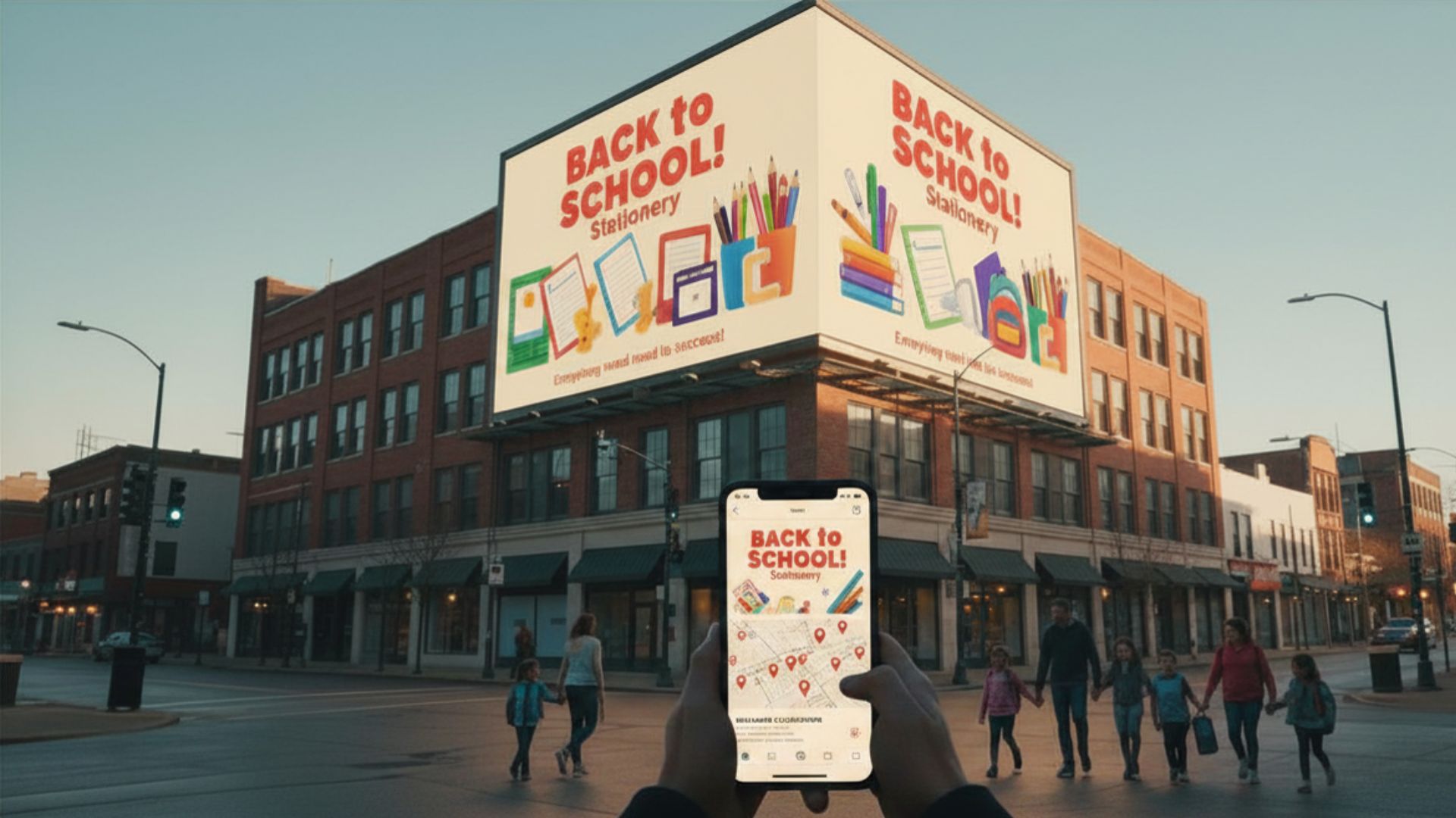 Dual-face corner building-wrap billboard displaying a colorful 'Back to School! Stationery' campaign with illustrations of pencils, notebooks, and supplies at a downtown intersection, while a hand holds a smartphone showing the same ad with a store-locator map — demonstrating omnichannel DOOH-to-mobile attribution and drive-to-store activation targeting families and parents during the back-to-school shopping season.