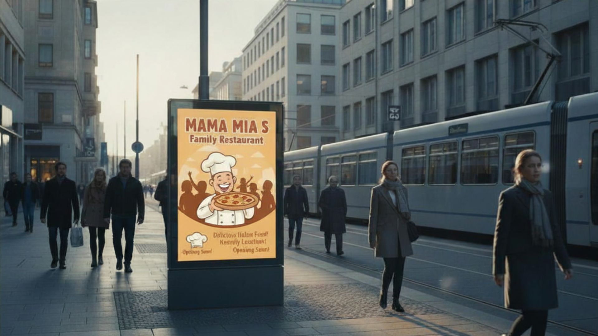 Backlit portrait-format street panel displaying a Mama Mia's Family Restaurant 'Opening Soon' ad with a cartoon chef holding a pizza, positioned on a busy European city sidewalk alongside a passing tram and commuters — a local QSR DOOH placement ideal for hyper-local store-opening campaigns using POI targeting and day-parted scheduling around lunch and dinner rush hours