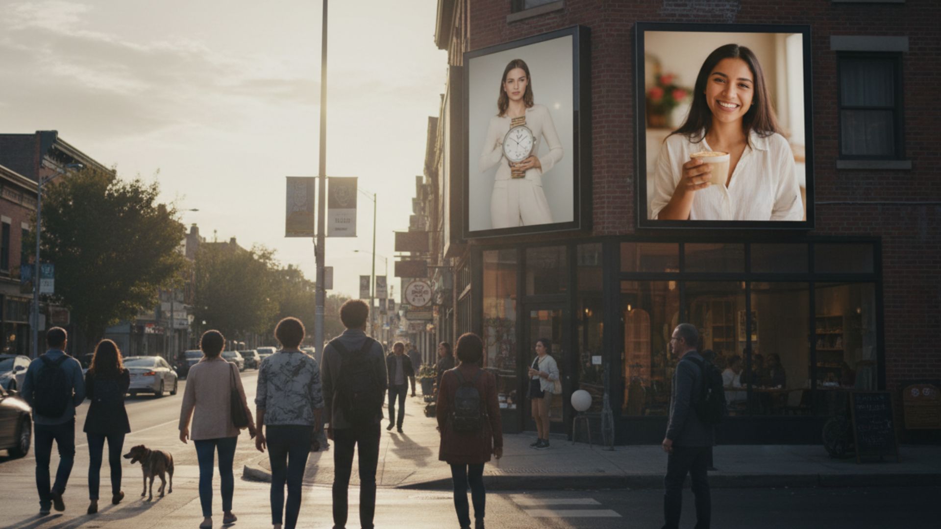Street corner at sunset with two large vertical billboards mounted above a storefront on a brick building. One billboard shows a woman in white holding a clock, and the other shows a smiling woman holding a coffee cup as pedestrians walk below along the city sidewalk.