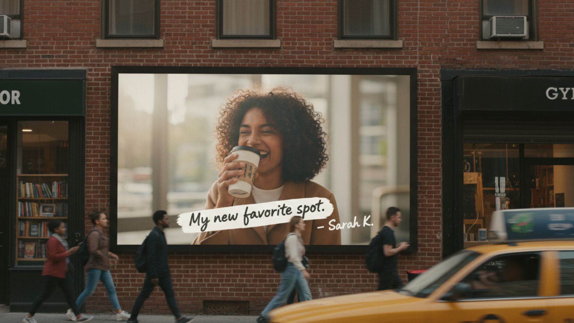 Digital billboard on a city street displaying a customer testimonial with a photo of a smiling woman holding a coffee cup and the handwritten quote "My new favorite spot - Sarah K."