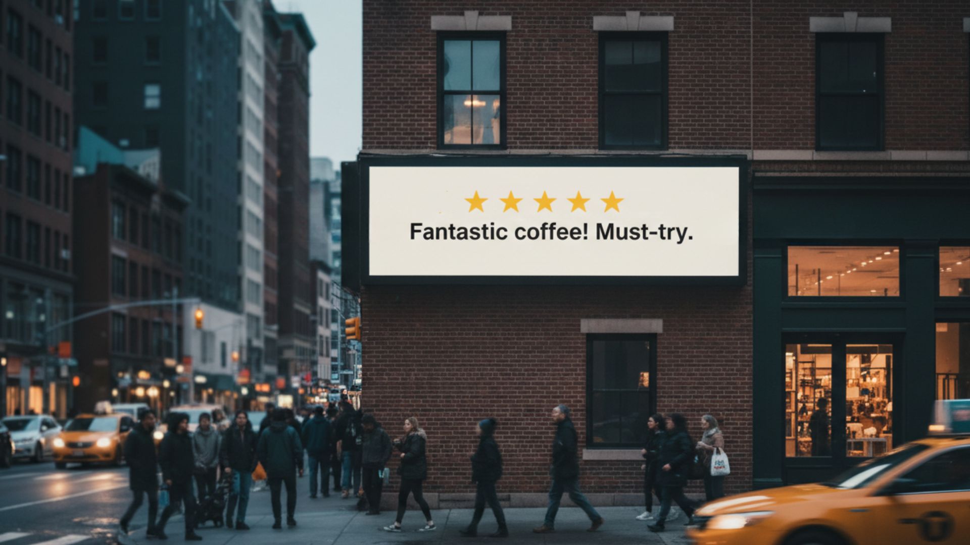 Digital billboard on a city street corner displaying five gold stars and the text "Fantastic coffee! Must-try."