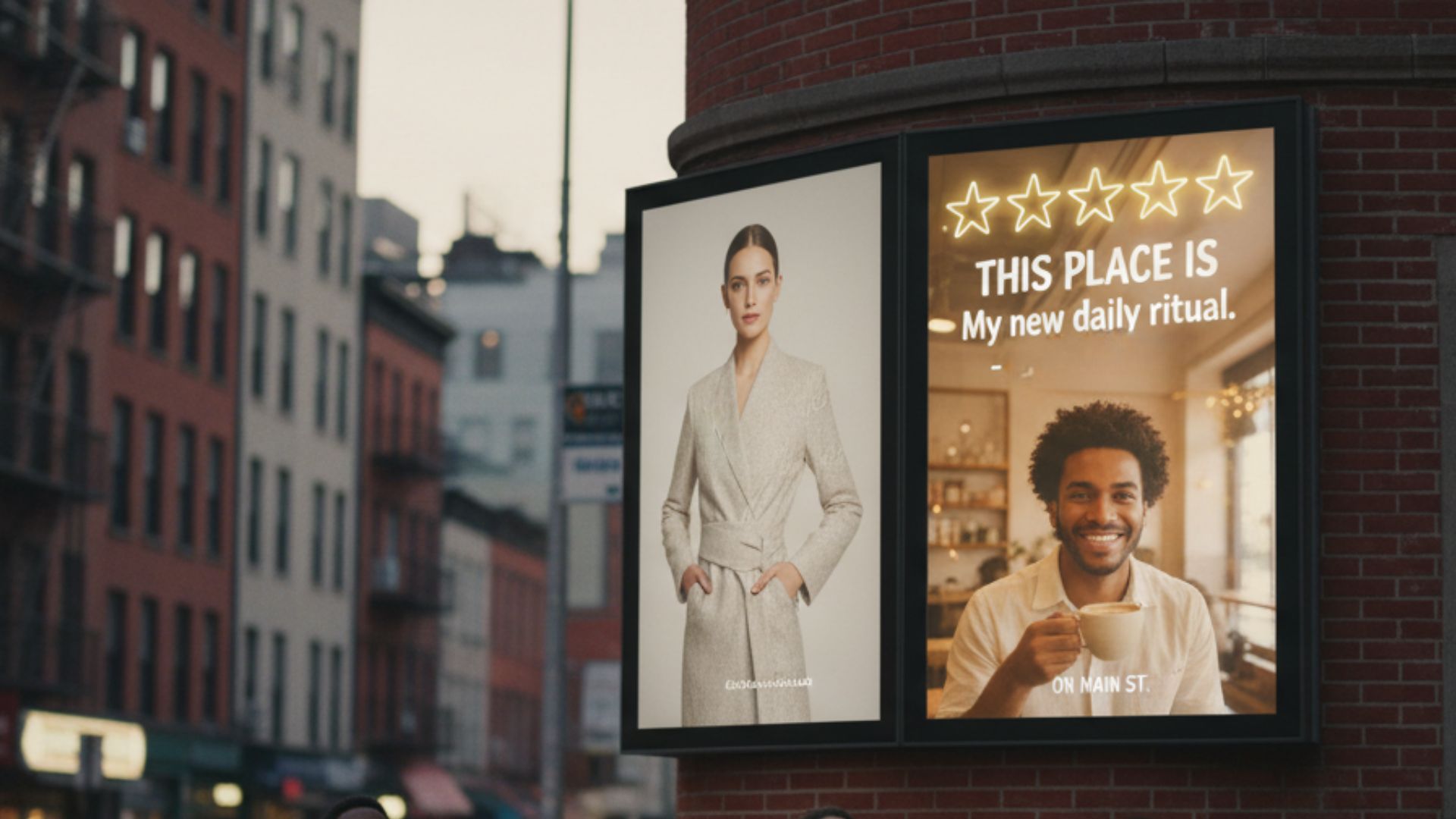 Two digital billboard screens mounted on a brick corner building. The right screen displays a smiling man holding a coffee cup under five neon stars with the text "This place is my new daily ritual" and "On Main St."