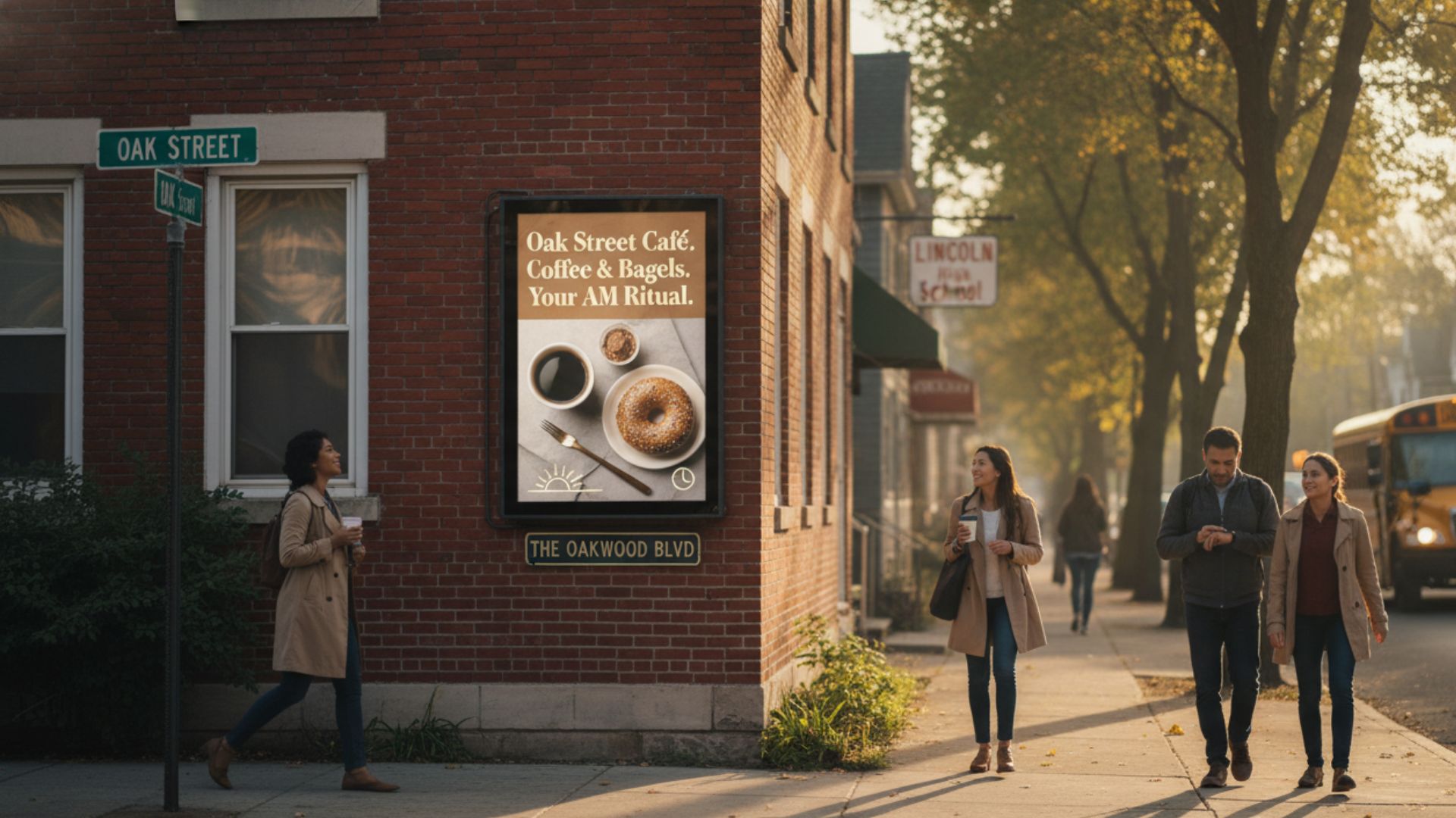 Digital billboard on a brick street corner displaying an ad for "Oak Street Café" with a photo of coffee and a bagel and the text "Your AM Ritual." Pedestrians walk on the sidewalk near a "Lincoln High School" sign.