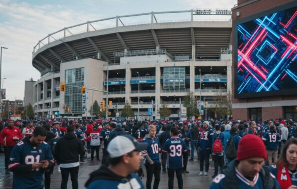 Sports fans outside a stadium with advertising screens overhead. Sports fans walking through stadium concourse with digital advertising screens overhead.