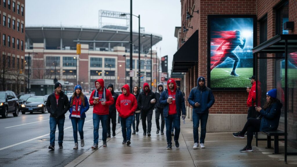 Fans in red and blue gear walking on a city sidewalk near a stadium and digital billboard.