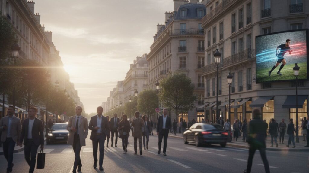 Busy city street at sunset featuring pedestrians and a large digital screen showing a soccer player.