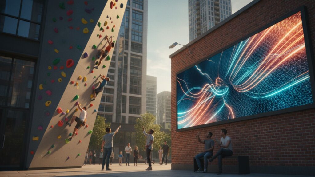 People rock climbing on an outdoor wall in an urban setting, symbolizing stages of growth and progression, with a digital screen nearby blending into the environment.