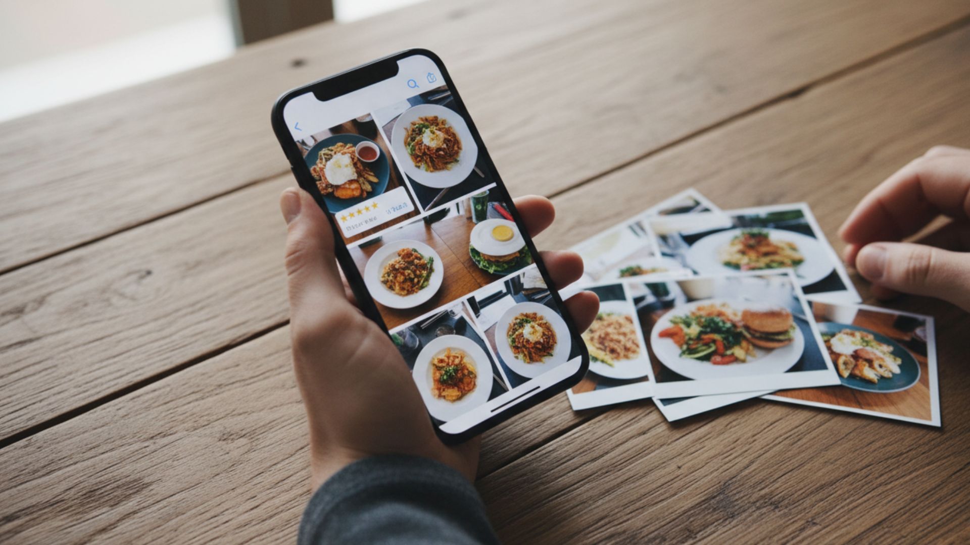 Close-up of a person's hands holding a smartphone displaying a gallery of food photography, with several printed physical photos of similar food dishes scattered on a wooden table.