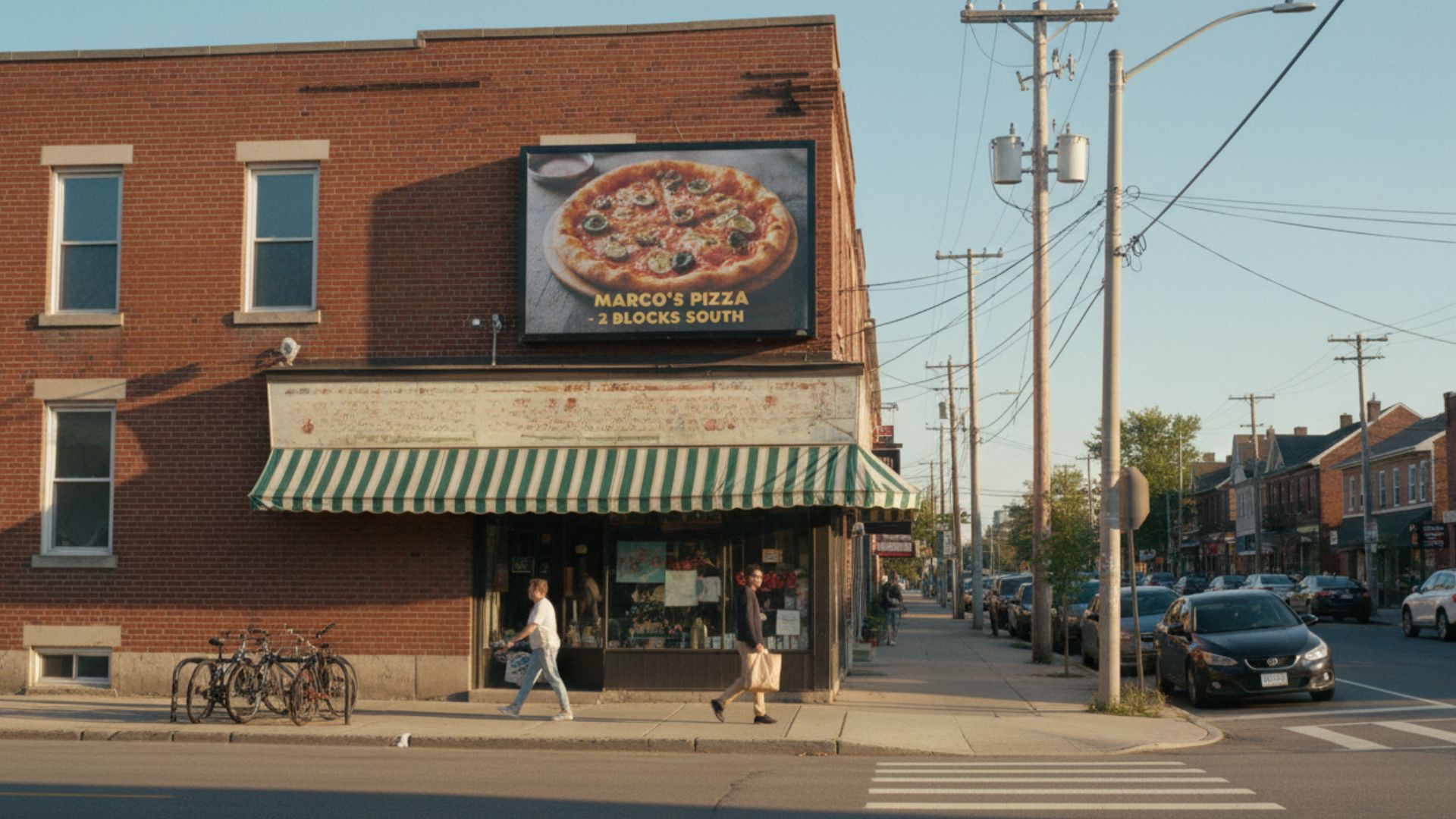 A digital billboard mounted on the side of a brick corner store advertising "Marco's Pizza" with the text "2 Blocks South."