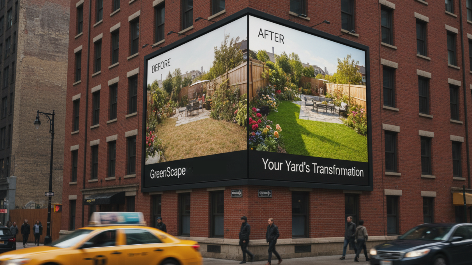 City corner billboard displaying the before and after of a backyard.